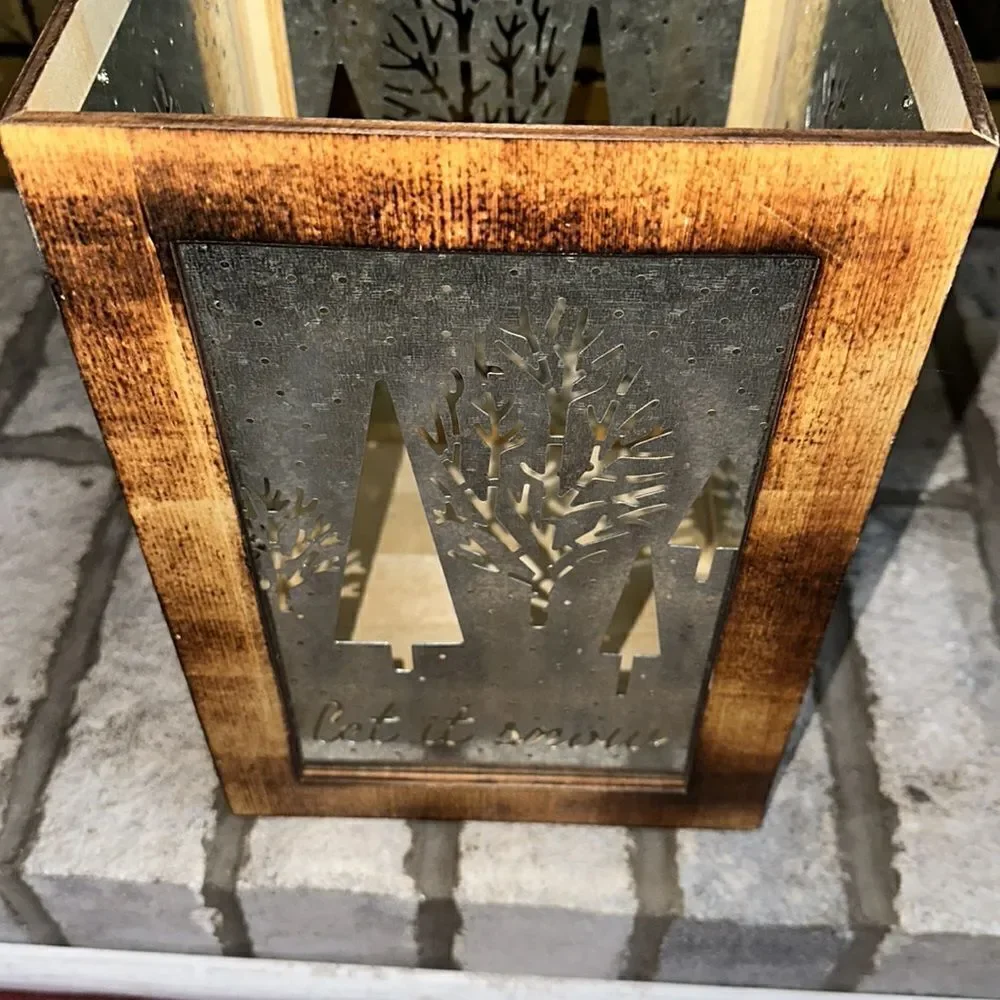 Torched Wood Tin Metal Combo Winter Holiday Gift Box Candle Light Holder